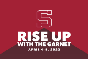 Varsity Swarthmore S Logo. Text overlay: Rise Up with the Garnet Challenge April 4th - 8, 2022. 