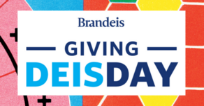 Colorful shapes in a geometric design with "Brandeis Giving DeisDay"