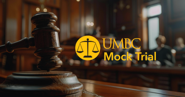 Court room with the UMBC mock trial text and scale logo overlayed